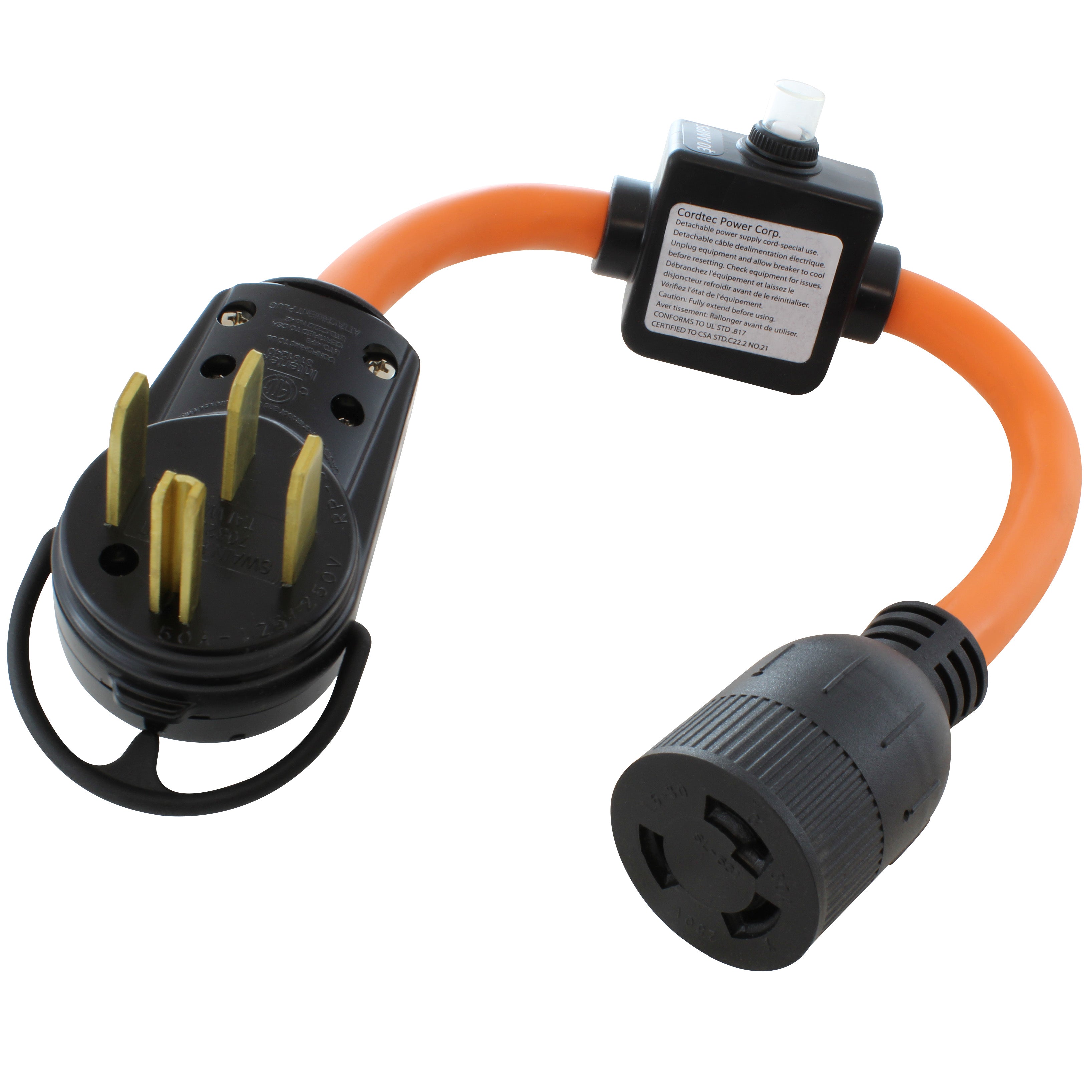 NEMA 14-50P to NEMA L6-30R with 30A Inline Circuit Breaker