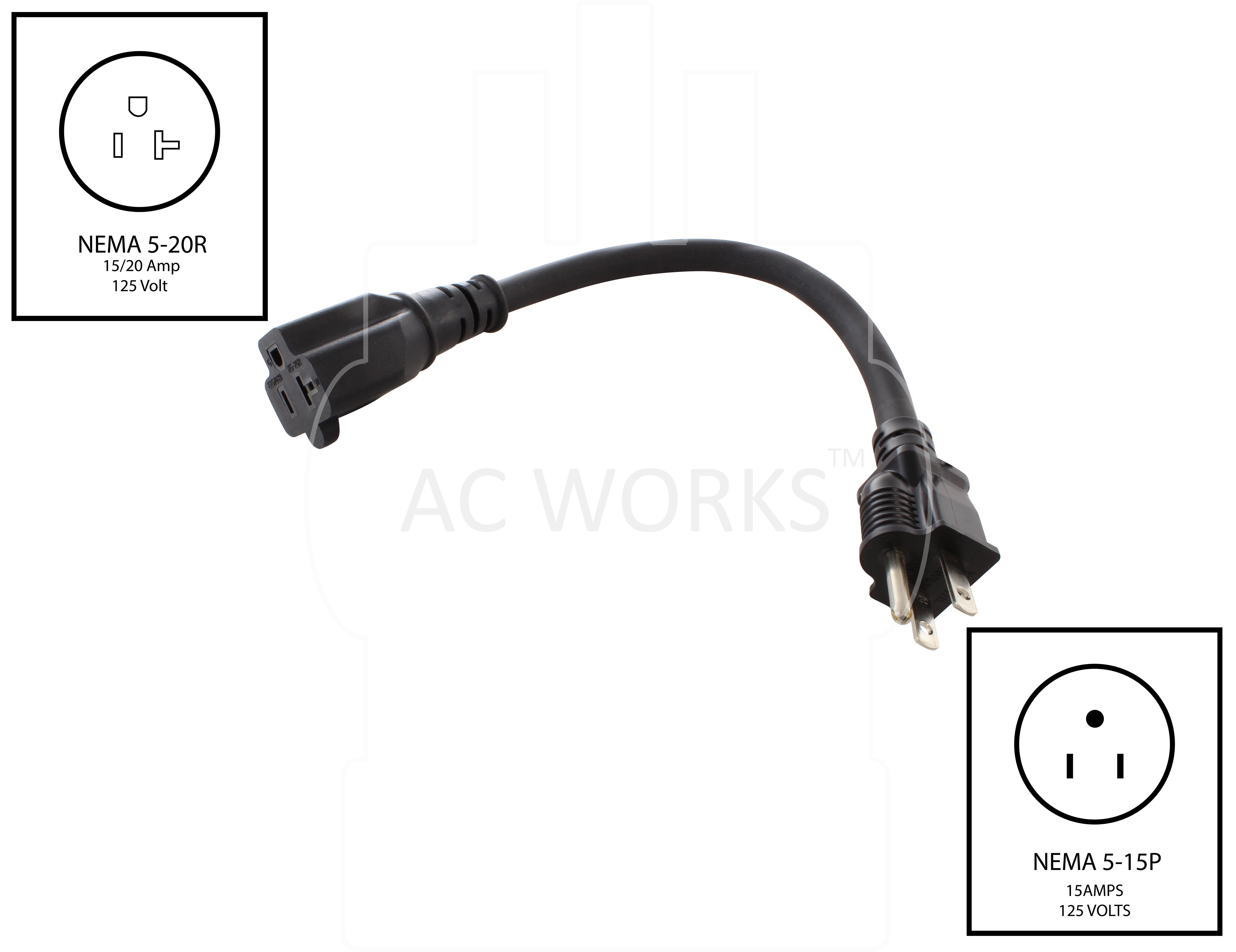 AC WORKS® [S515520-012]1Ft 15A to 20A Plug Adapter Cord NEMA 5-15P to 5-15/20R (20A T-Blade)
