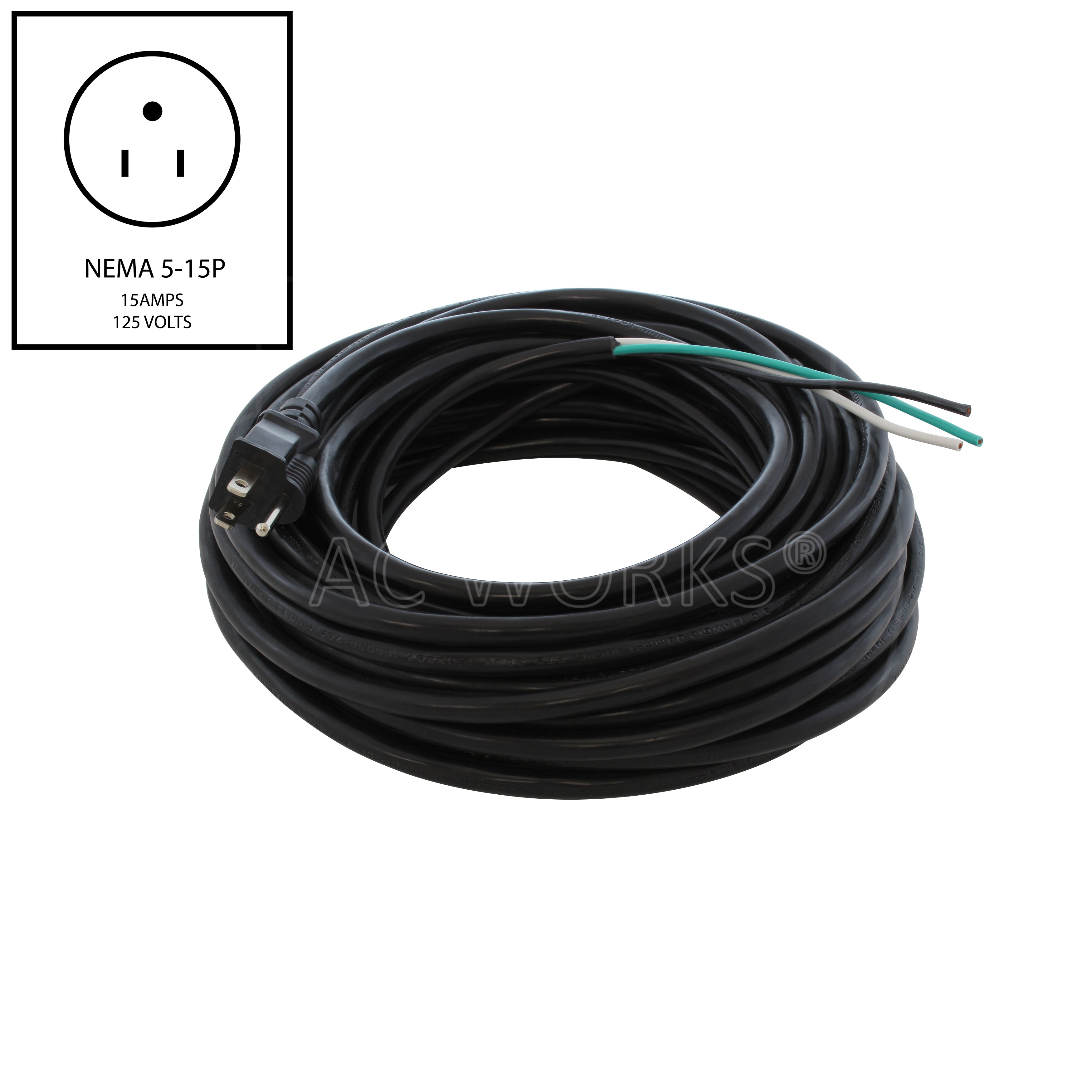 AC WORKS® [S515PROJ-050] 50ft 15A NEMA 5-15P U.S 3-Prong to Stripped End Replacement Cable