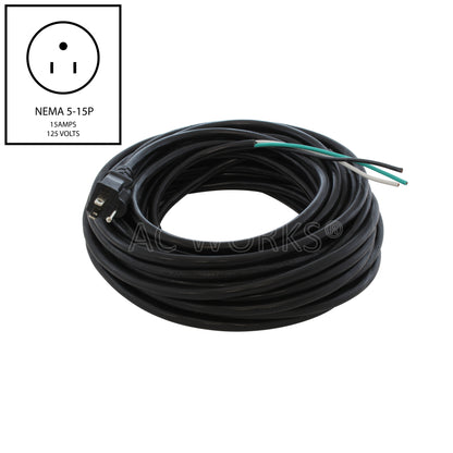 AC WORKS® [S515PROJ-050] 50ft 15A NEMA 5-15P U.S 3-Prong to Stripped End Replacement Cable