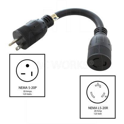 AC WORKS® [S520L520-012] 1FT NEMA 5-20P 20A 125V Plug to Locking 20 Amp L5-20R Female Connector