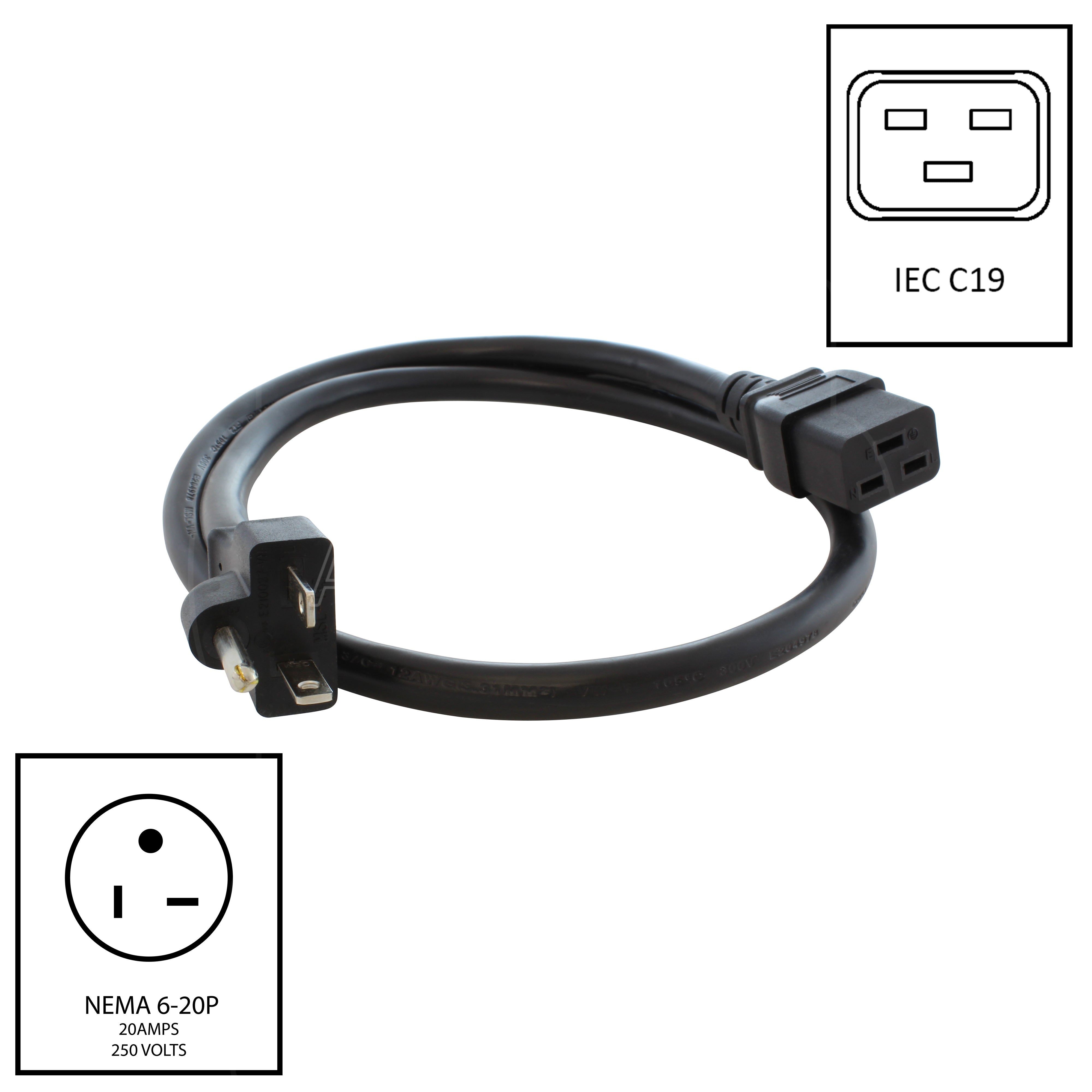 AC WORKS® [S620C19-036] 3ft 12/3 20A 250V NEMA 6-20P Power Cord With IEC C19 Connector