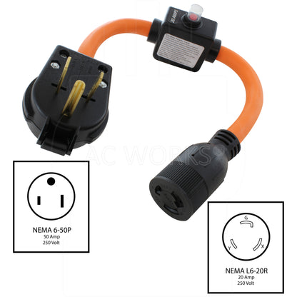NEMA 6-50P, 50 Amp, 250 Volt Male Plug to NEMA L6-20R, 20 Amp, 250 Volt Female Connector