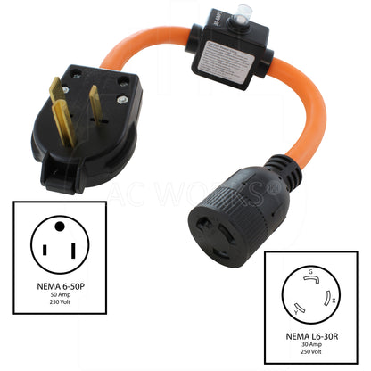NEMA 6-50P, 50 Amp, 250 Volt Male Plug to NEMA L6-30R, 30 Amp, 250 Volt Female Connector