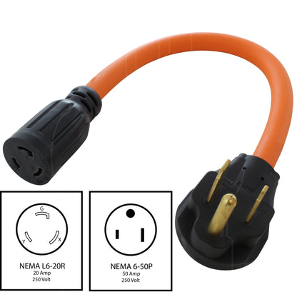 AC WORKS® [S650L620-018] 1.5FT 6-50P 50A Welder Plug to L6-20R 20A 250V Locking Outlet