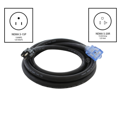 AC WORKS® [SD515520] SOOW 10 Gauge NEMA 5-15P to NEMA 5-20R 15/20A Over Kill Super Duty Rubber Extension Cord