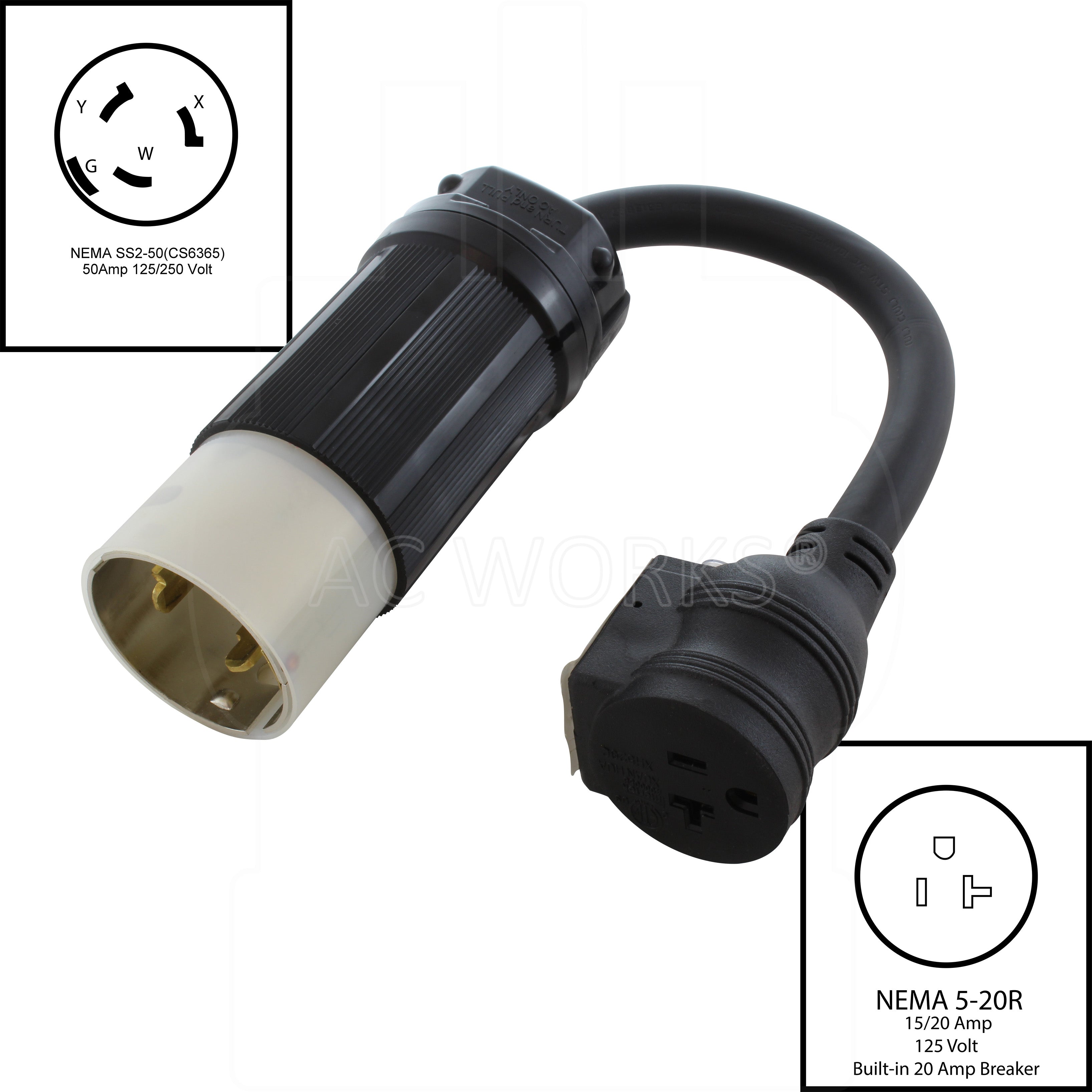 NEMA SS2-50P to NEMA 5-20R circuit breaker protected adapter