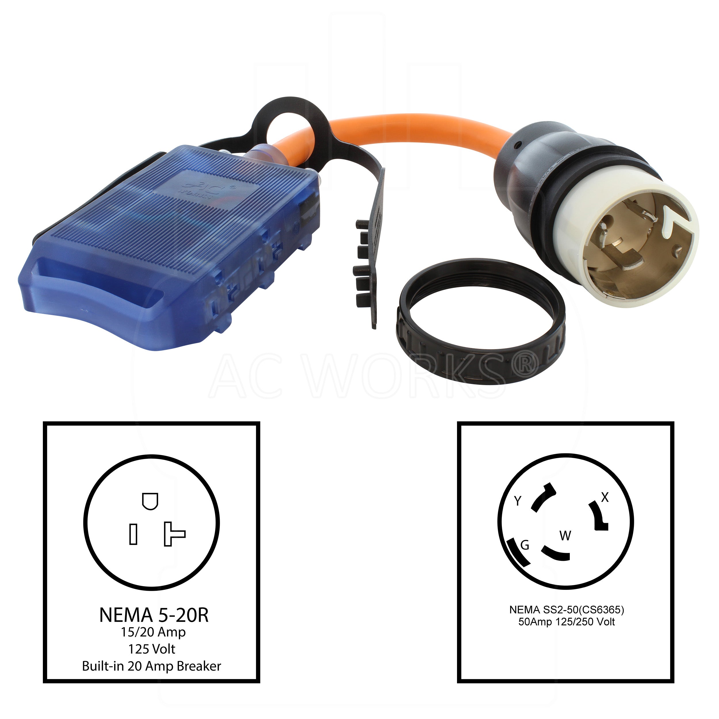 AC WORKS® [SS2CBF520] 1.5FT SS2-50P/ CS6365 Locking Plug to (4) Home Outlets with 20A Breaker