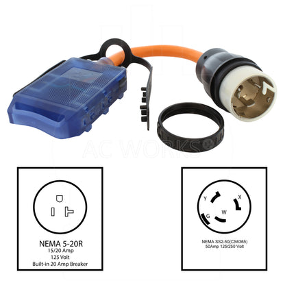 AC WORKS® [SS2CBF520] 1.5FT SS2-50P/ CS6365 Locking Plug to (4) Home Outlets with 20A Breaker
