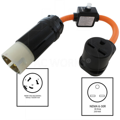 NEMA SS2-50P, 50 Amp, 125/250 Volt, 4-Wire Male Plug to NEMA 6-30R, 30 Amp, 250 Volt, 3-Prong Female Connector