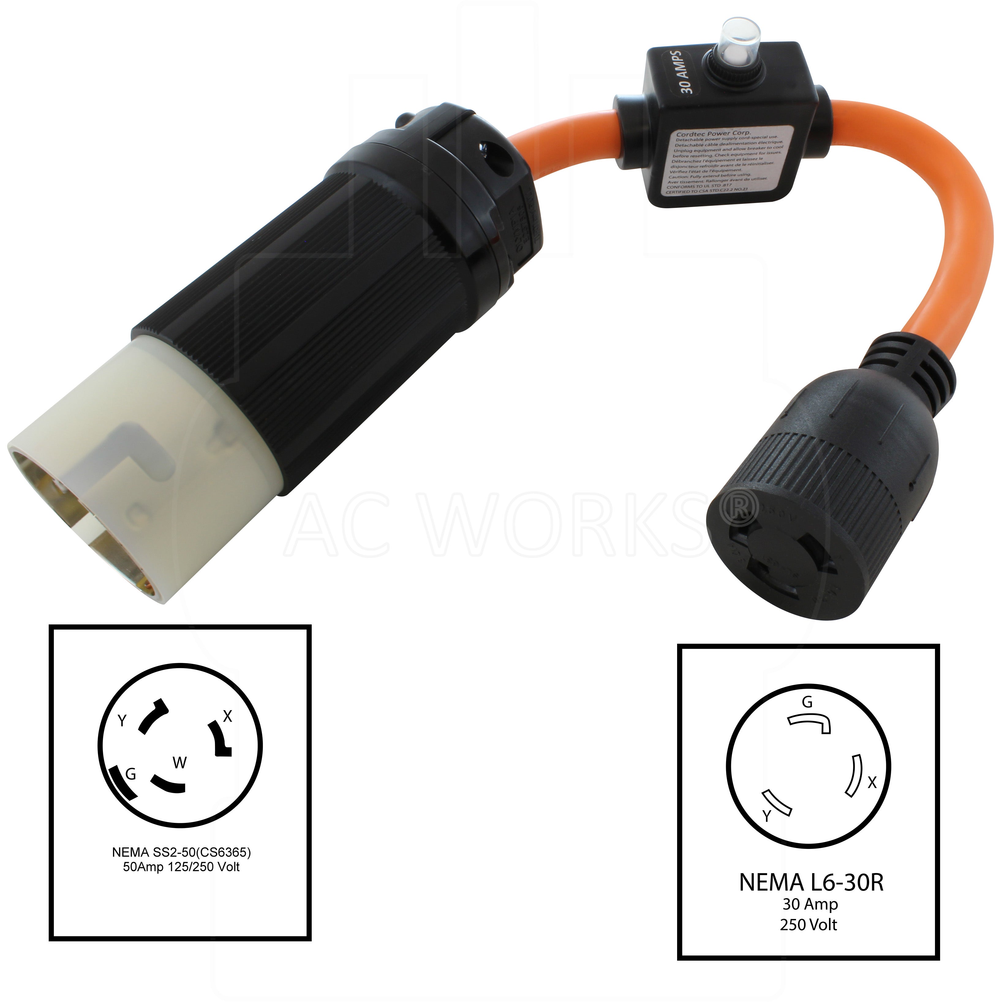 NEMA SS2-50P, 50 Amp, 125/250 Volt, 4-Wire Male Plug to NEMA L6-30R, 30 Amp, 250 Volt, 3-Prong Female Connector