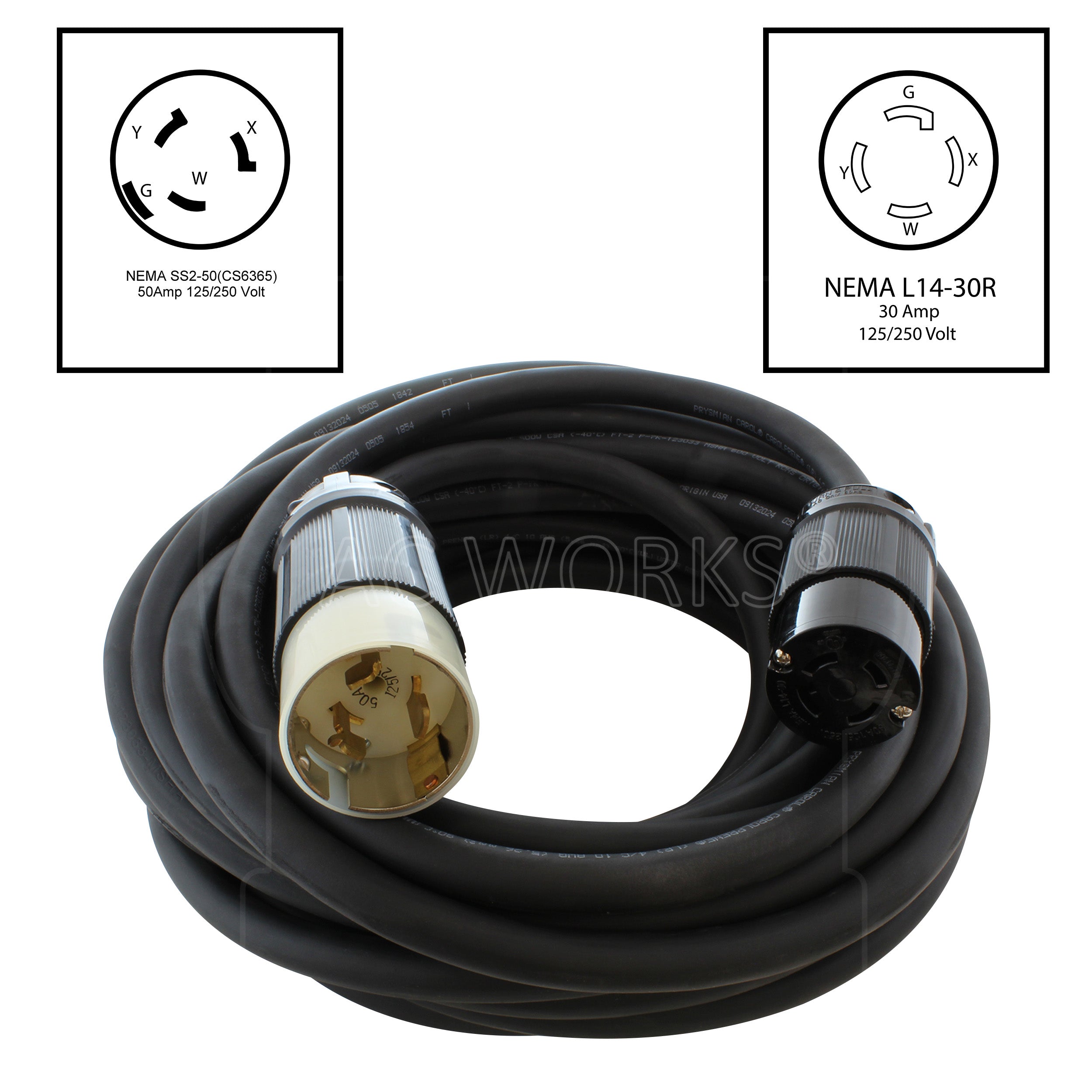 AC WORKS® [SS2L1430] 50A 125/250V SS2-50P/CS6365 Plug to L14-30 4-Prong Locking Adapter