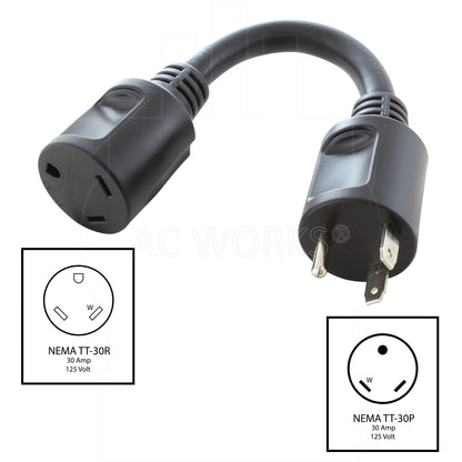 AC WORKS® [STT30PR-012] 1ft. 30A 125V NEMA TT-30 RV Outlet Extender