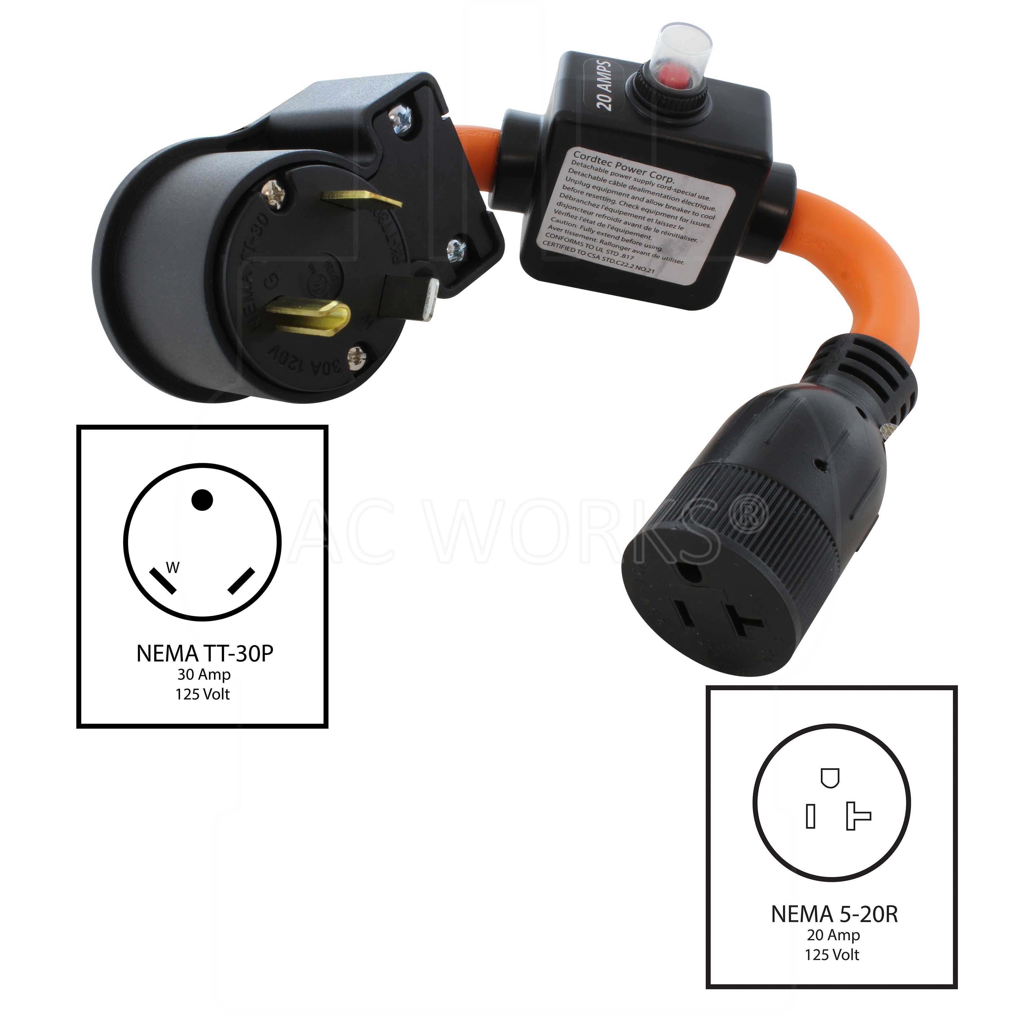NEMA TT-30P, 30 Amp, 125 Volt RV Travel Trailer Male Plug to NEMA 5-15/20R, 20 Amp, 125 Volt Household Connector