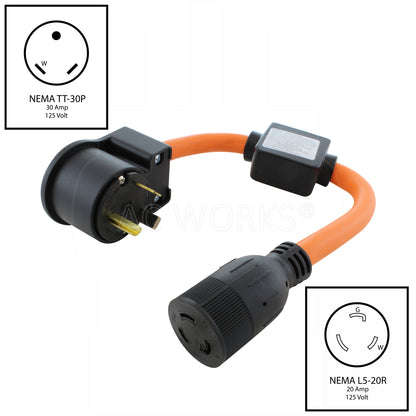 NEMA TT-30P, 30 Amp, 125 Volt RV Travel Trailer Male Plug to NEMA L5-20R, 20 Amp, 125 Volt Locking Connector