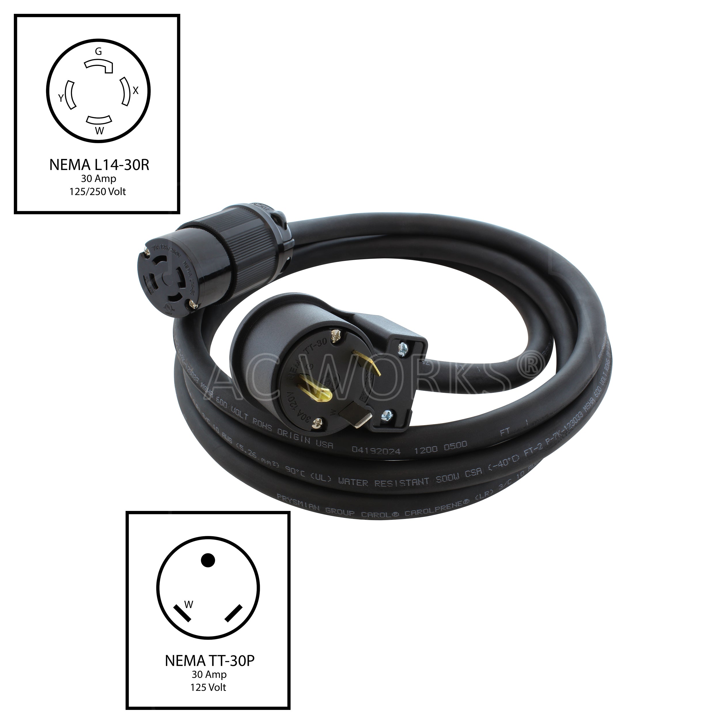AC WORKS® [TT30L1430] 30A 125V NEMA TT-30P to NEMA L14-30R Rubber Extension Cord