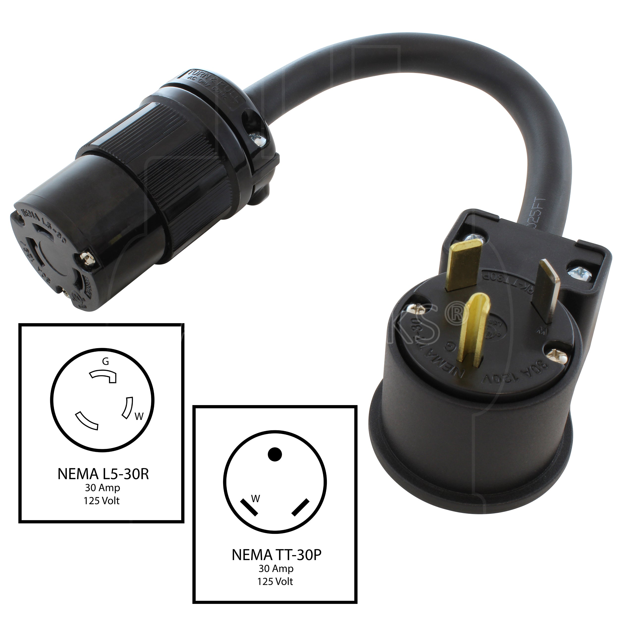 AC WORKS® [TT30L530-018] 1.5ft RV 30A 125V TT-30P to NEMA L5-30R