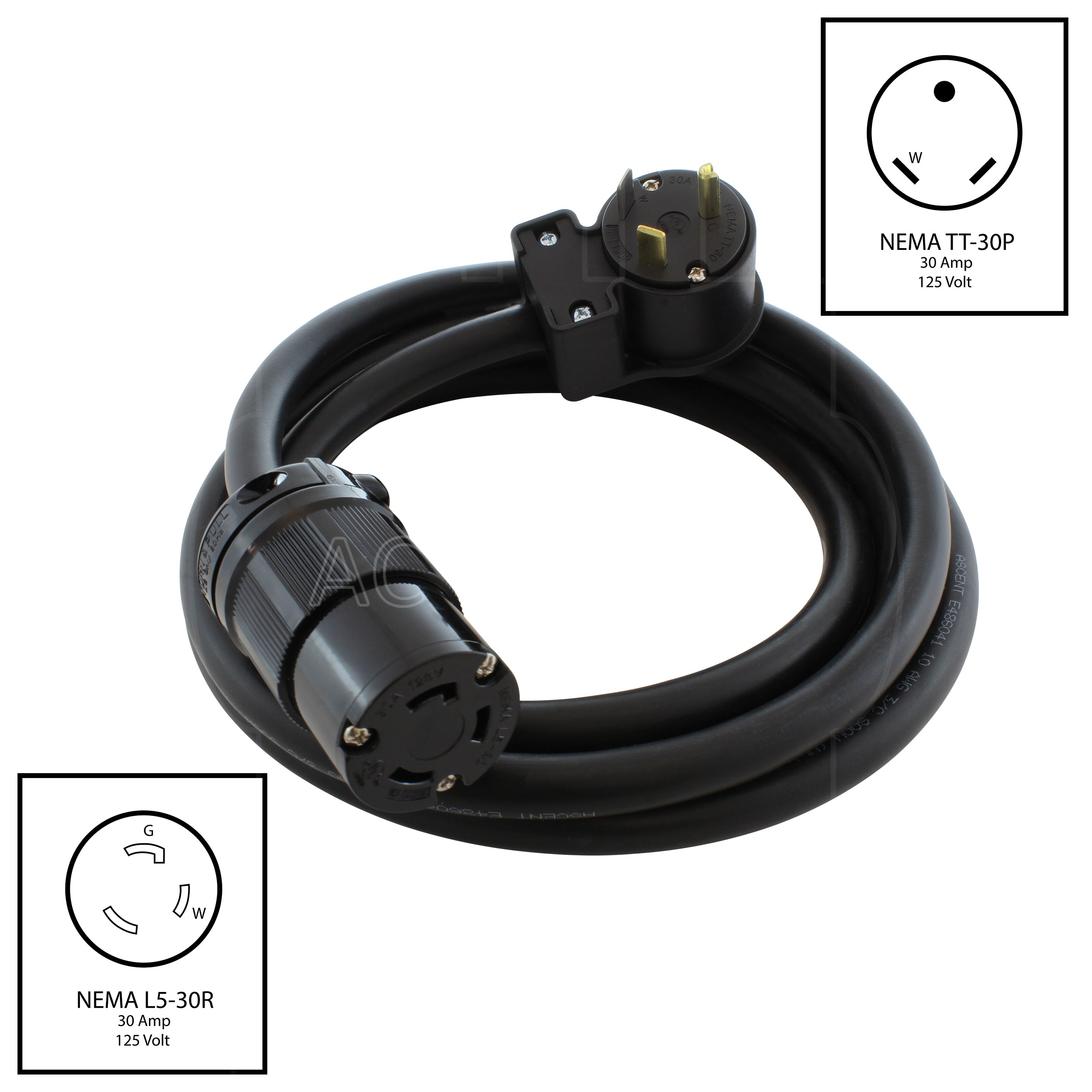 RV 30A 125V NEMA TT-30P to NEMA L5-30R Rubber Extension Cord With