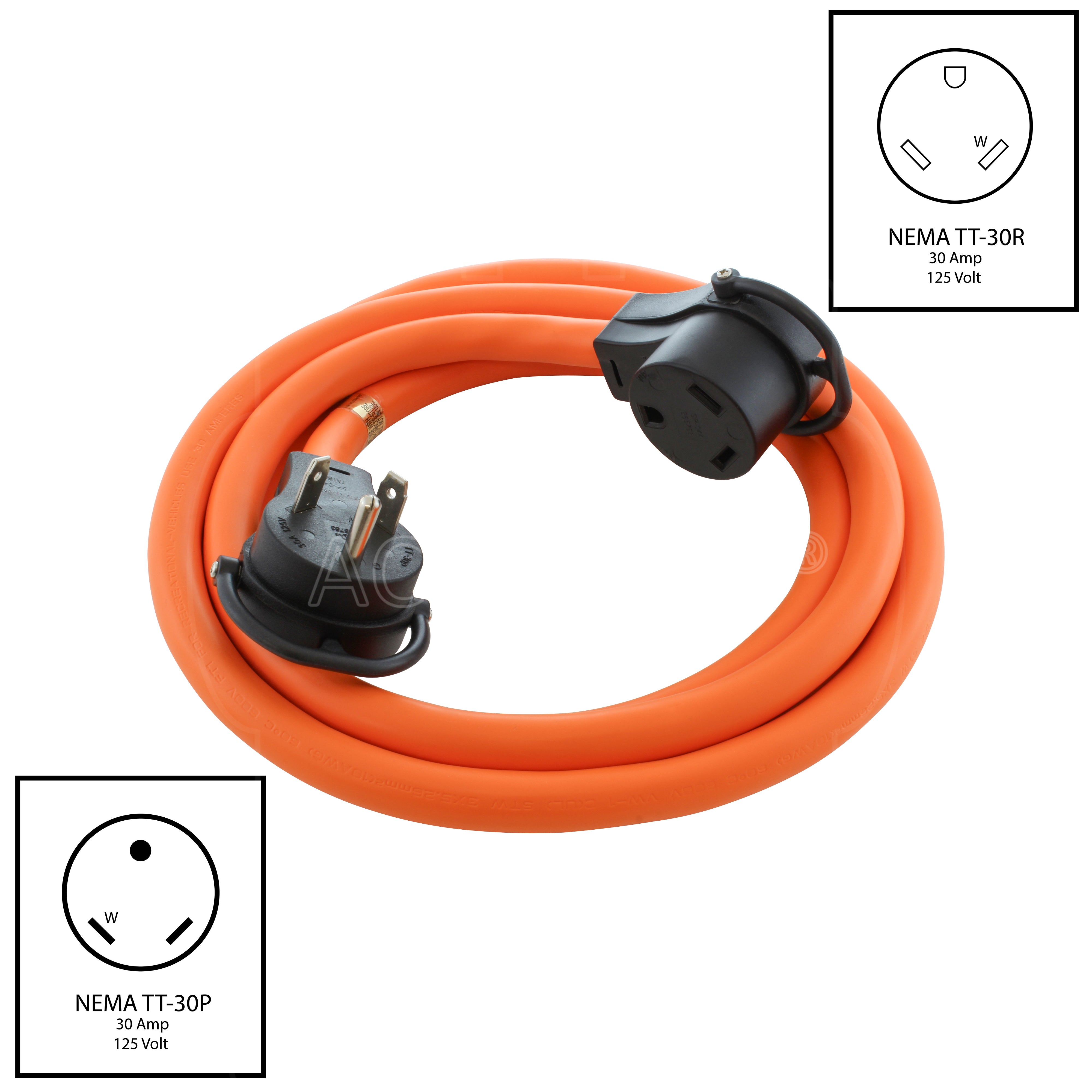 AC WORKS® [TT30PR] 30A 125V NEMA TT-30 RV Extension Cord With Handle