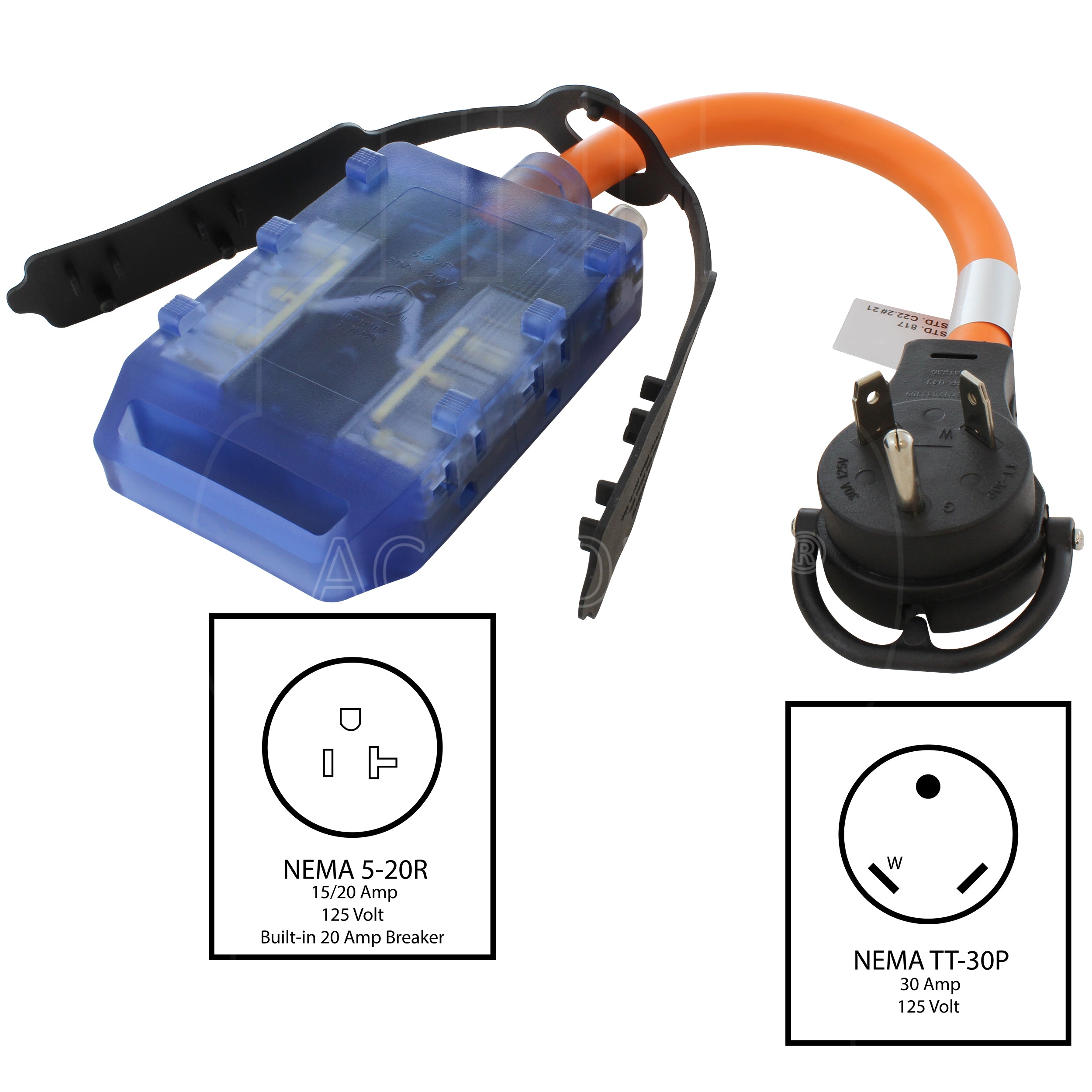 AC WORKS® [TTCBF520] 1.5FT TT-30P  RV 30A Plug to (4) Home Outlets with 20A Breaker
