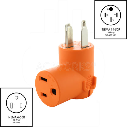 AC WORKS® [WD1450650] 50 Amp RV/ Range/ Generator 14-50 Plug to 6-50R 50Amp 250V Welder adapter