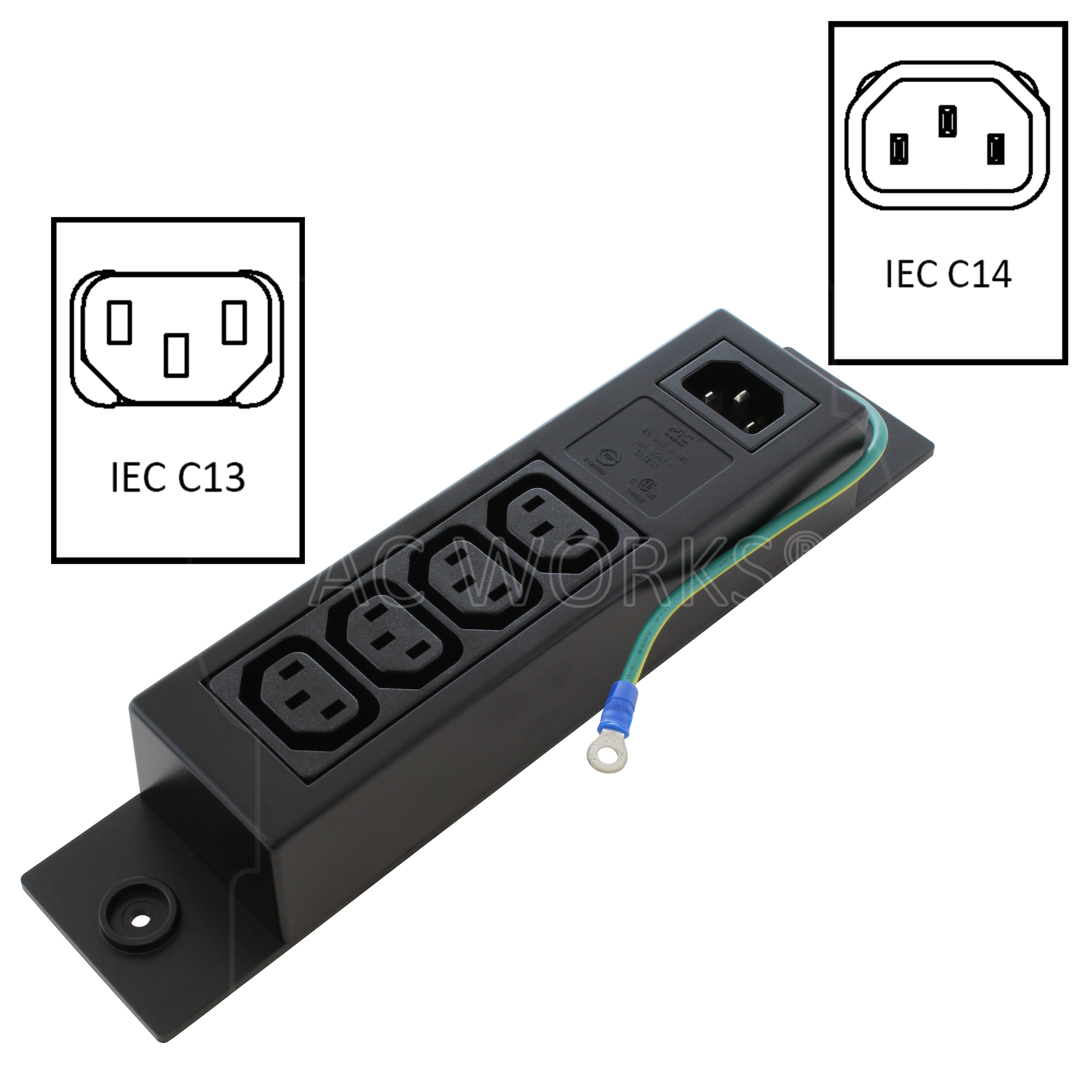 AC WORKS® [WS-045-0-4WG] PDU Power Strip IEC C14 Inlet to (4) IEC C13 (Sheet F) with Grounding