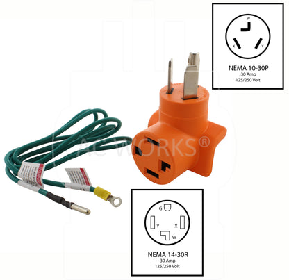 NEMA 10-30P to NEMA 14-30R, 1030P to 1430 R, 1030 male plug to 1430 female connector, 3-prong dryer plug to 4-prong dryer connector, old style dryer plug to new style dryer connector