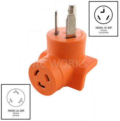 NEMA 10-30P to NEMA L6-20R 20A 250V right angle adapter