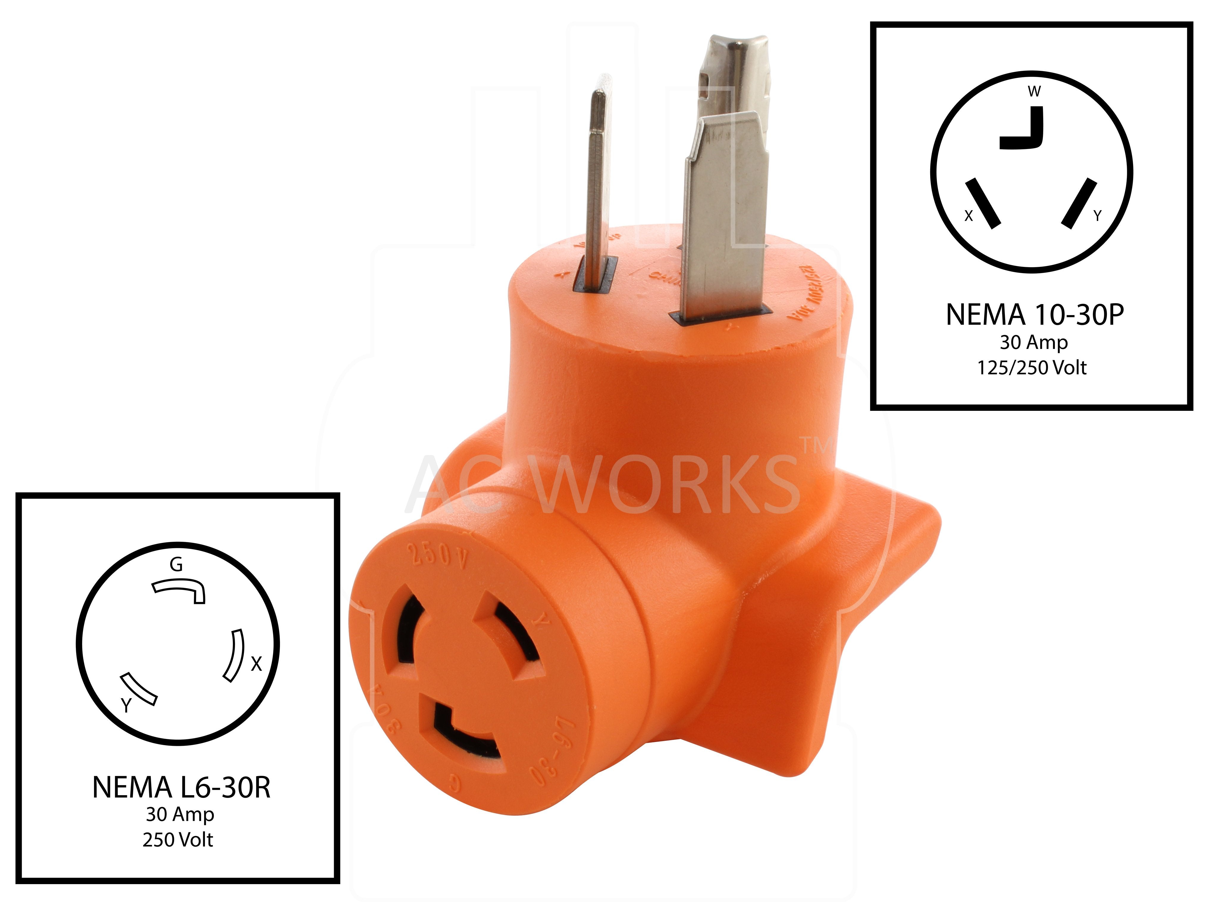 NEMA 10-30P to NEMA L6-30R, 1030 plug to L630 connector, 3-prong dryer plug to 3-prong industrial connector