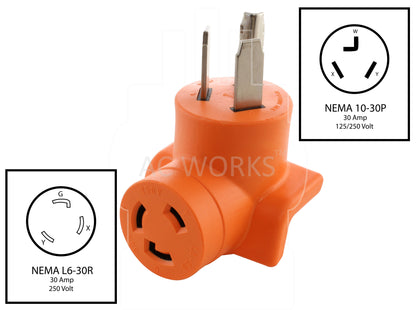 NEMA 10-30P to NEMA L6-30R, 1030 plug to L630 connector, 3-prong dryer plug to 3-prong industrial connector