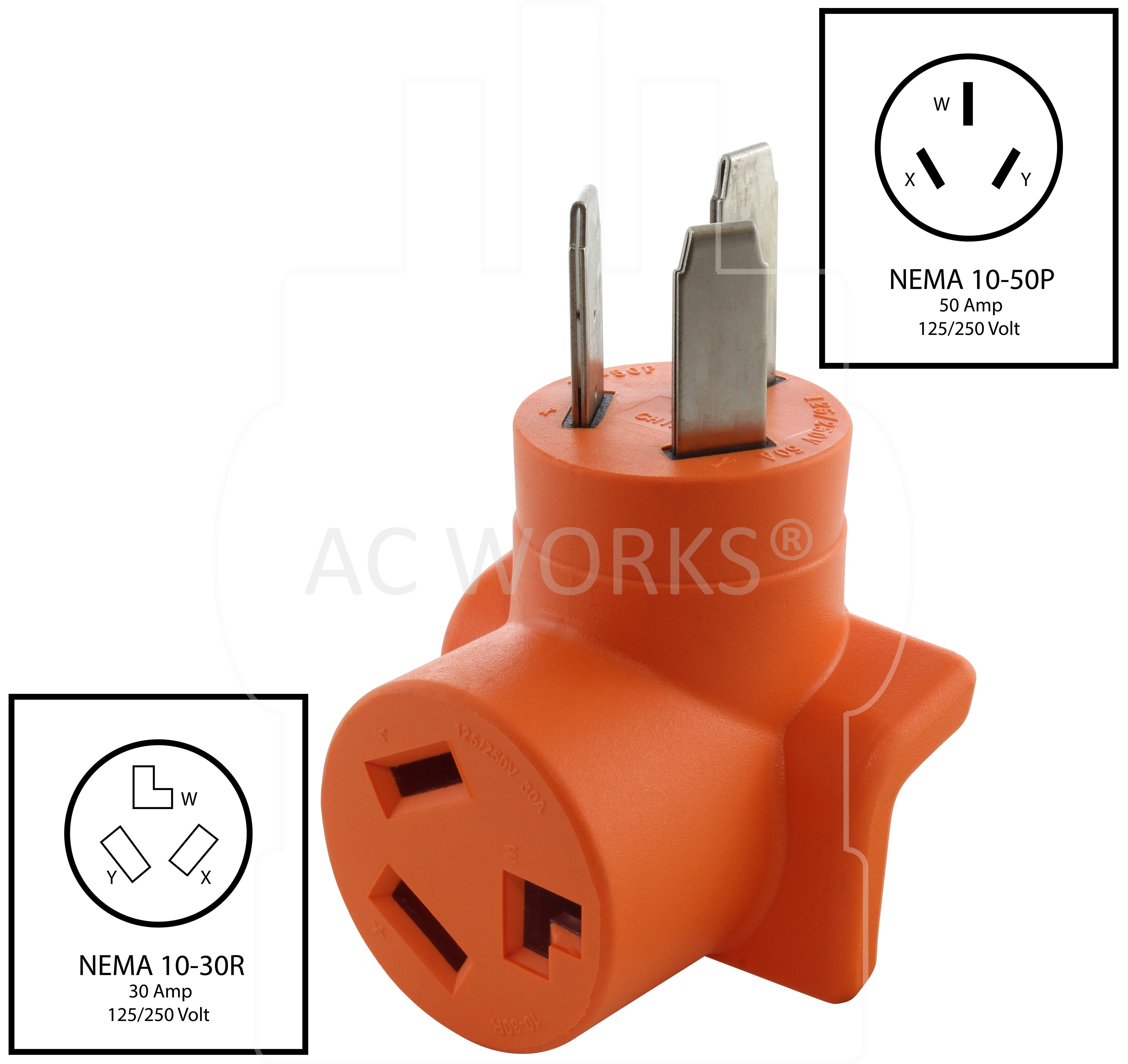 NEMA 10-50P to NEMA 10-30R, 1050 male plug to 1030 female connector, 50 amp old style welder plug to 30 amp 3-prong dryer connector