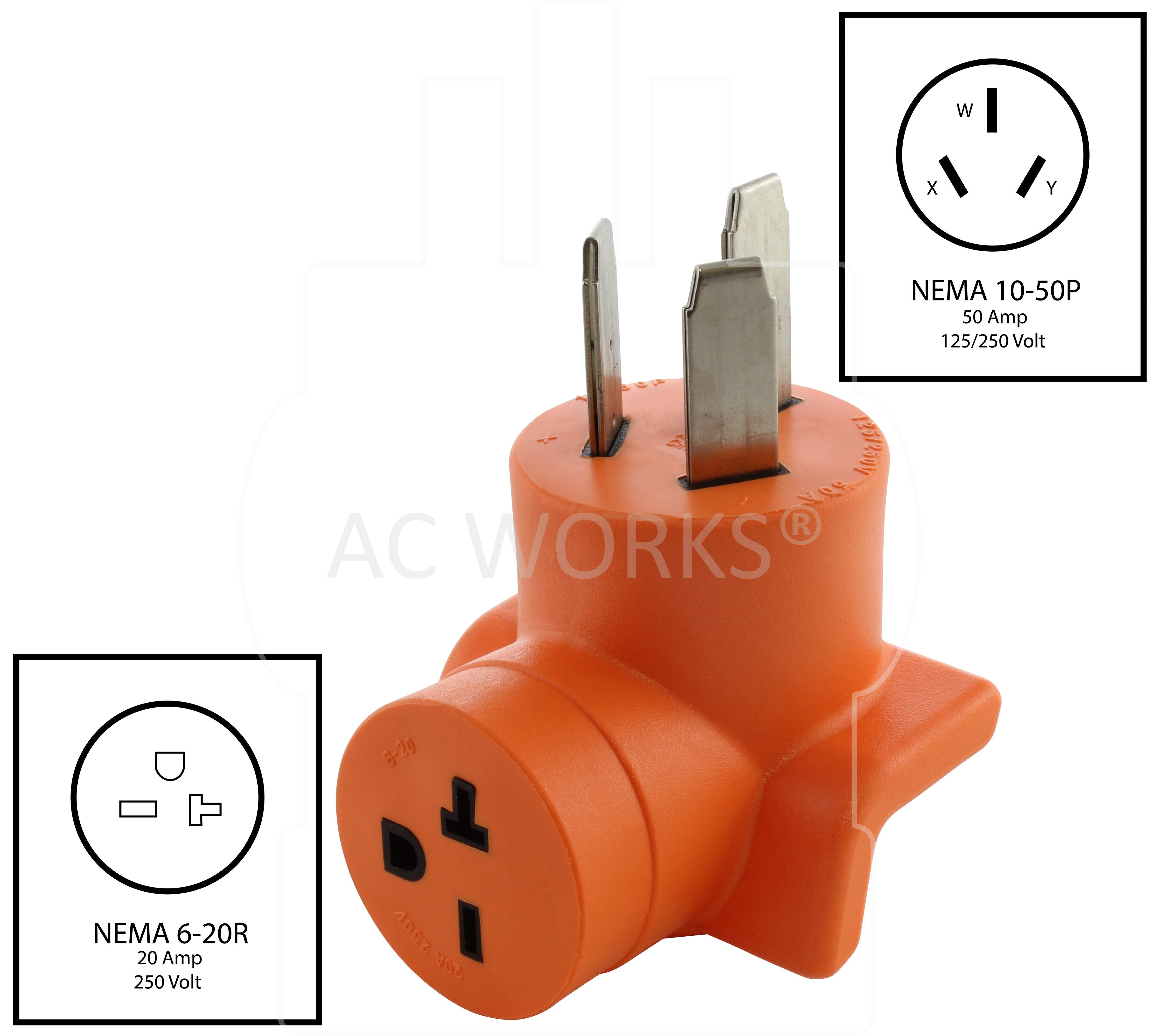 NEMA 10-50P to NEMA 6-20R, 1050P to 620R, 1050 male plug to 620 female connector, old style welder plug to 20 amp HVAC connector