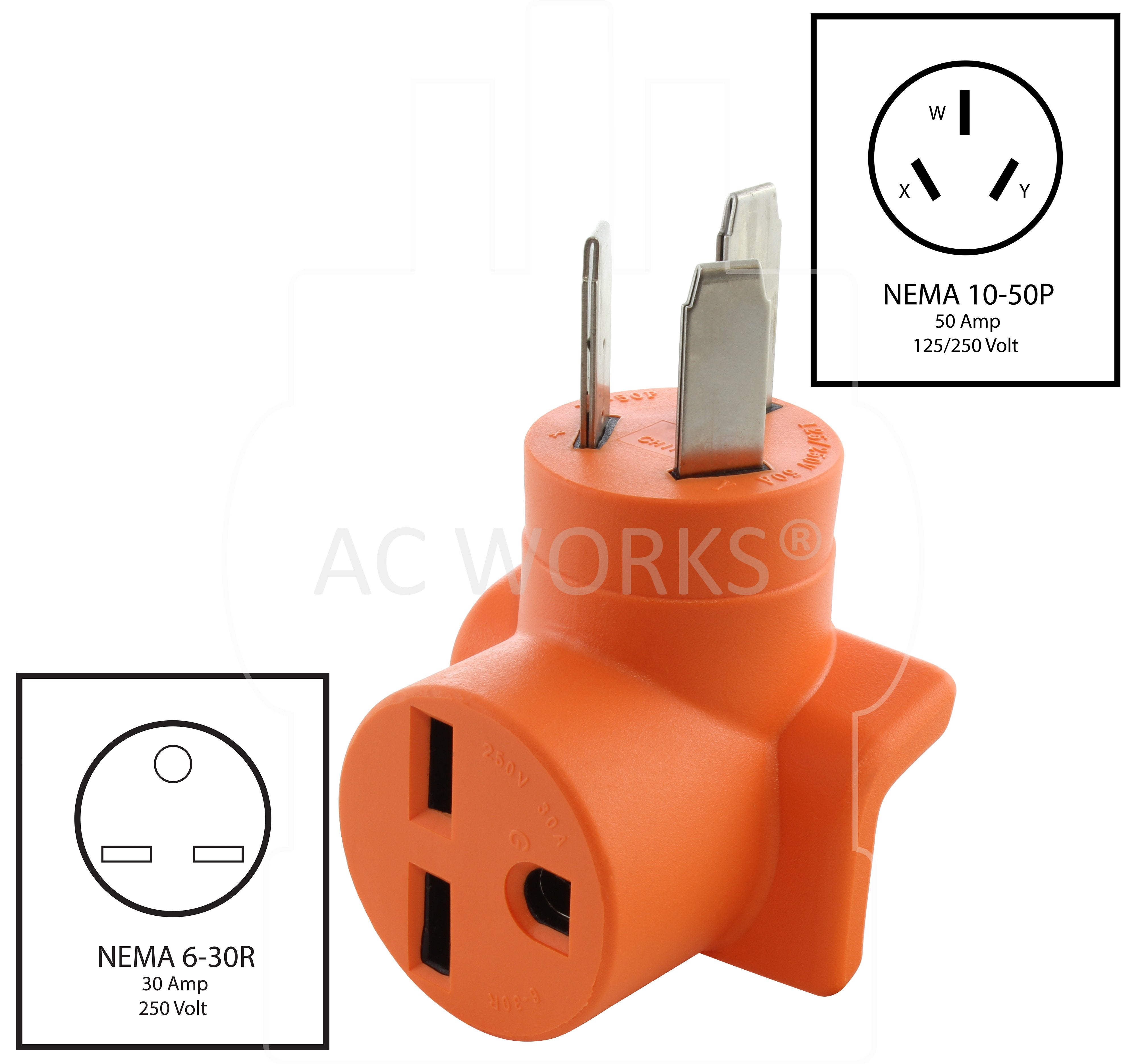 NEMA 10-50P to NEMA 6-20R, 1050 male plug to 620 female connector, old style welder plug to 30 amp commercial HVAC connector