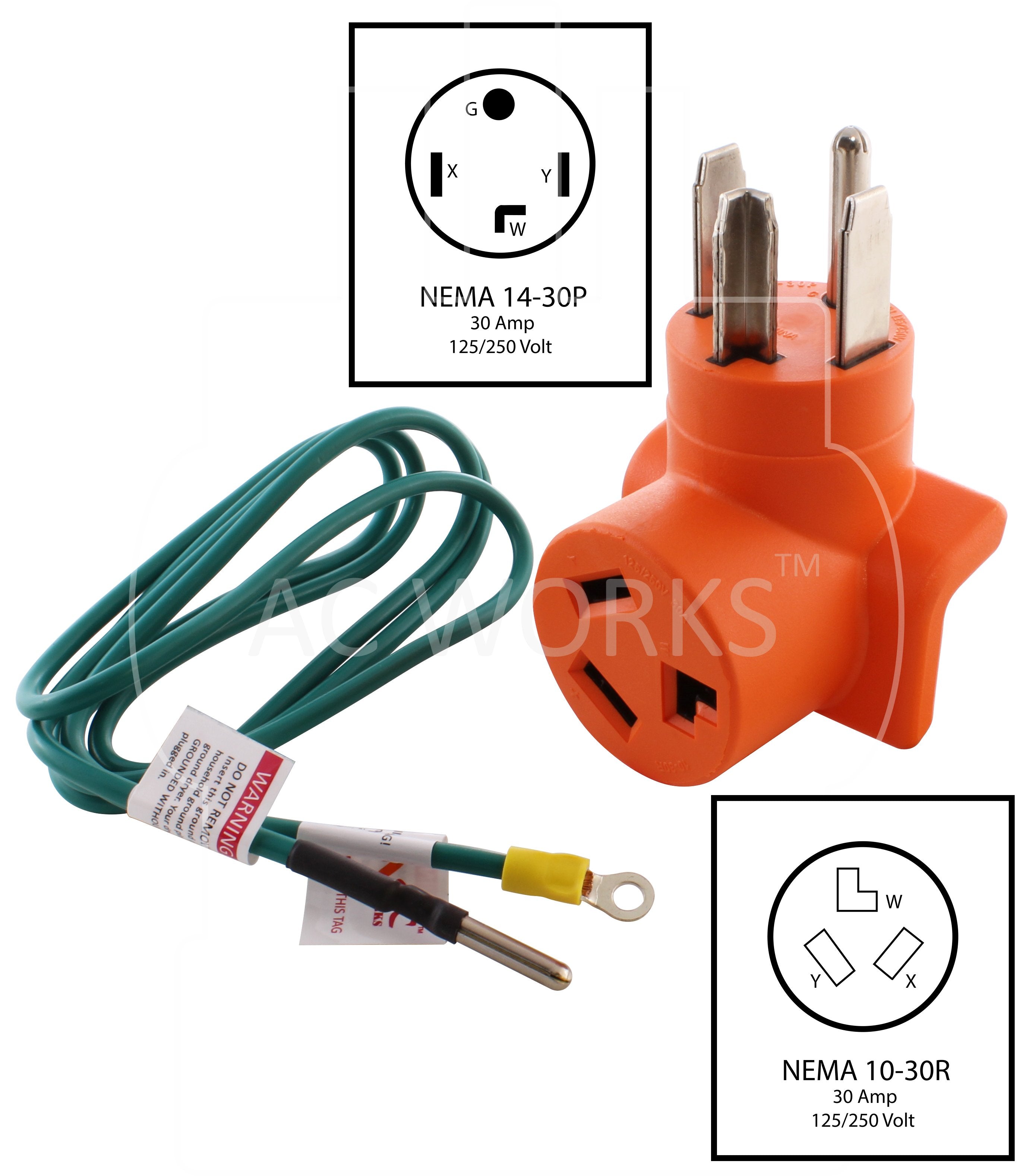 NEMA 14-30P to NEMA 10-30R, 1430 plug to 1030 connector, 4-prong dryer plug to 3-prong dryer connector, old style dryer to new style dryer outlet