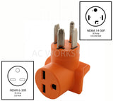 NEMA 14-30P to NEMA 6-30R, 1430P to 630R, 1430 male plug to 630 female connector, 4-prong dryer plug to 3-prong commercial HVAC connector