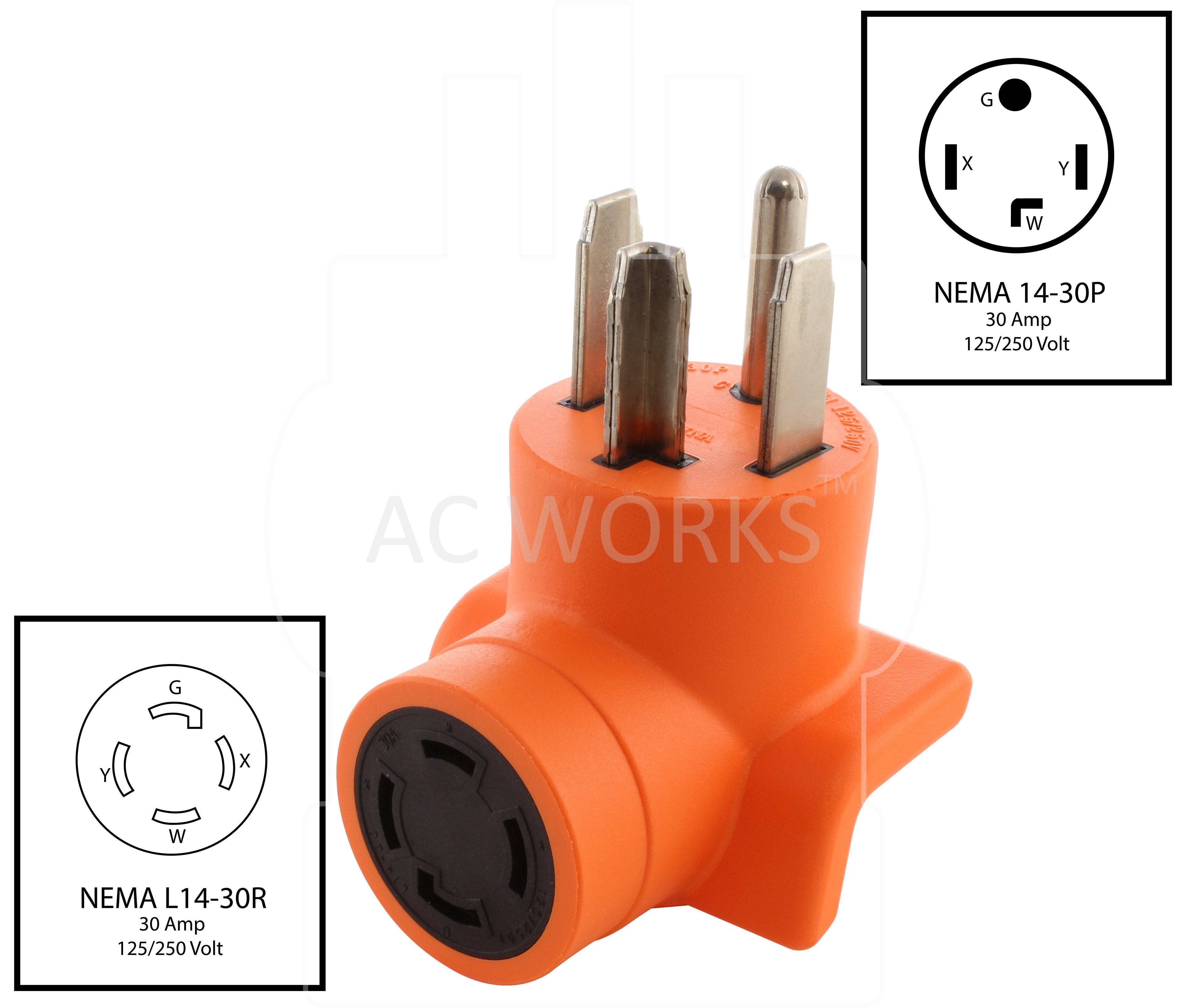 AD1430L1430, NEMA 14-30P to NEMA L14-30R, 1430 male plug to L1430 female connector, 4-prong dryer plug to 4-prong locking female connector