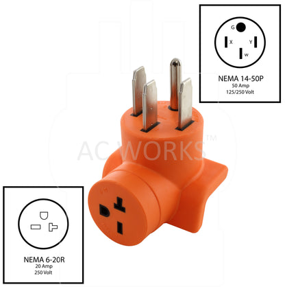 NEMA 14-50P to NEMA 6-20R, 1450 male plug to 620 female connector, 4-prong 50 amp plug to 3-prong 20 amp female connector