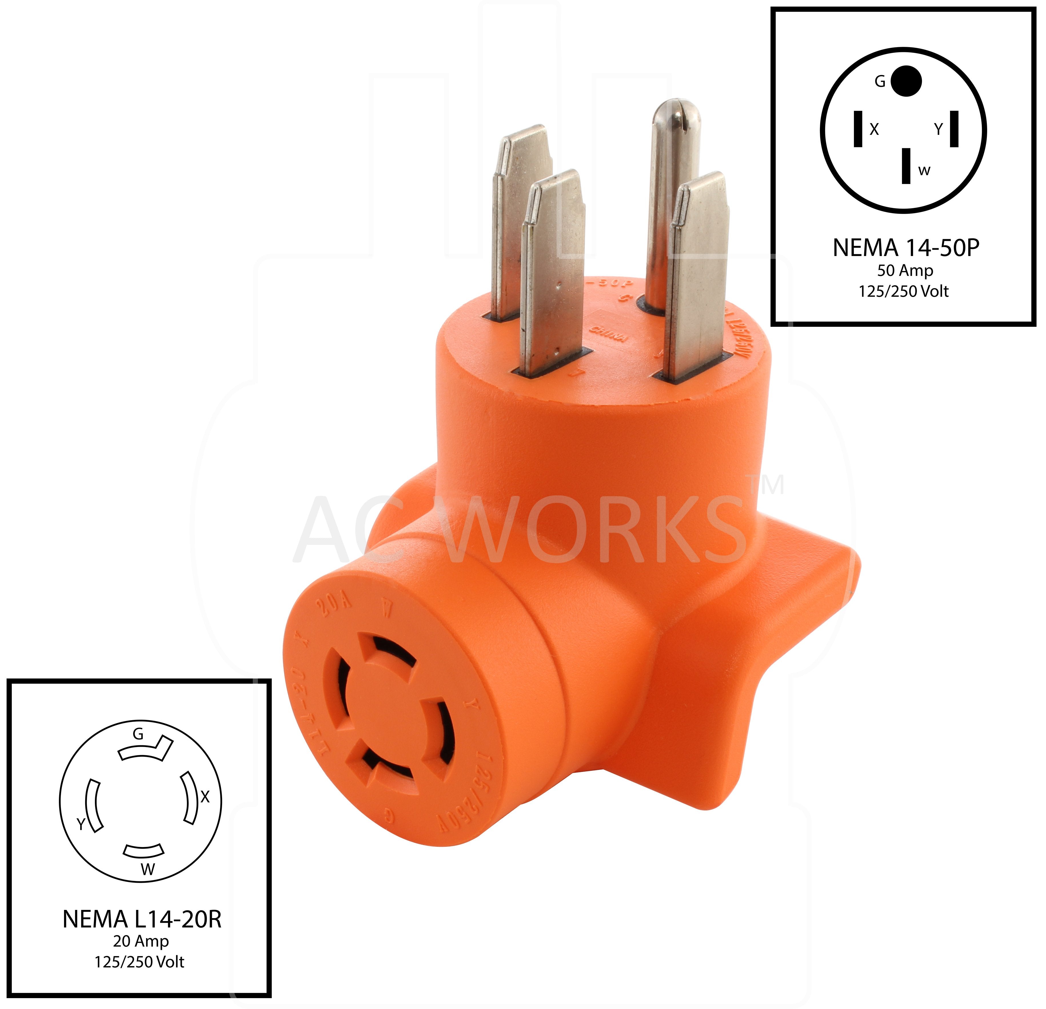 NEMA 14-50P to NEMA L14-20R, 1450 plug to L1420 connector, cooking range plug to 4-prong 20 amp locking connector