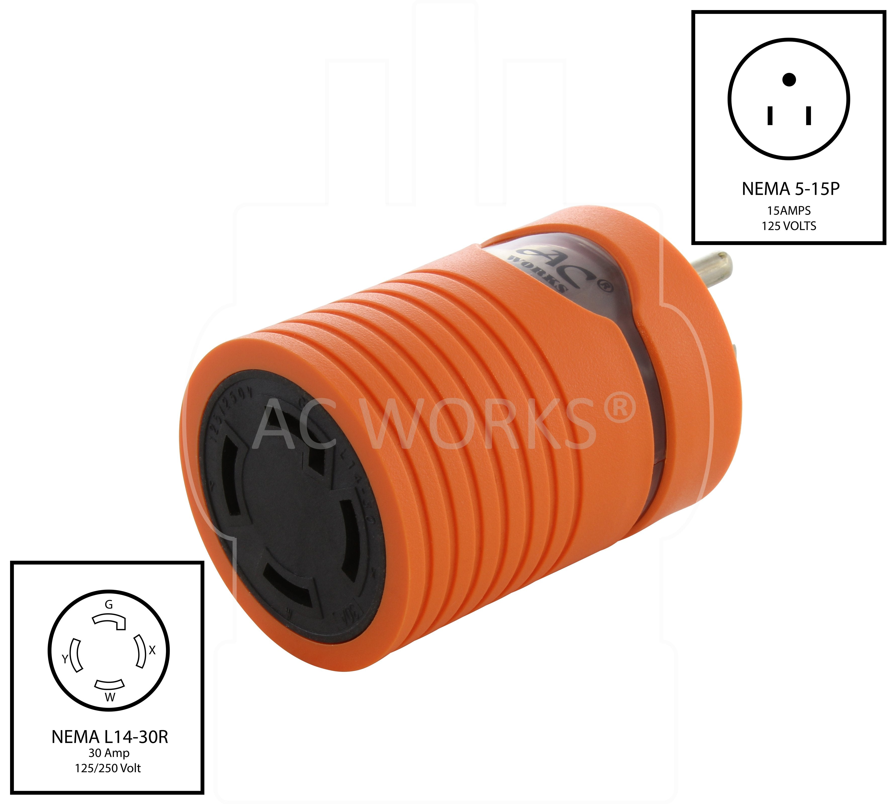 AC WORKS® [AD515L1430] Household Plug NEMA 5-15P to Generator 4 Prong L14-30R (Two hots bridged)