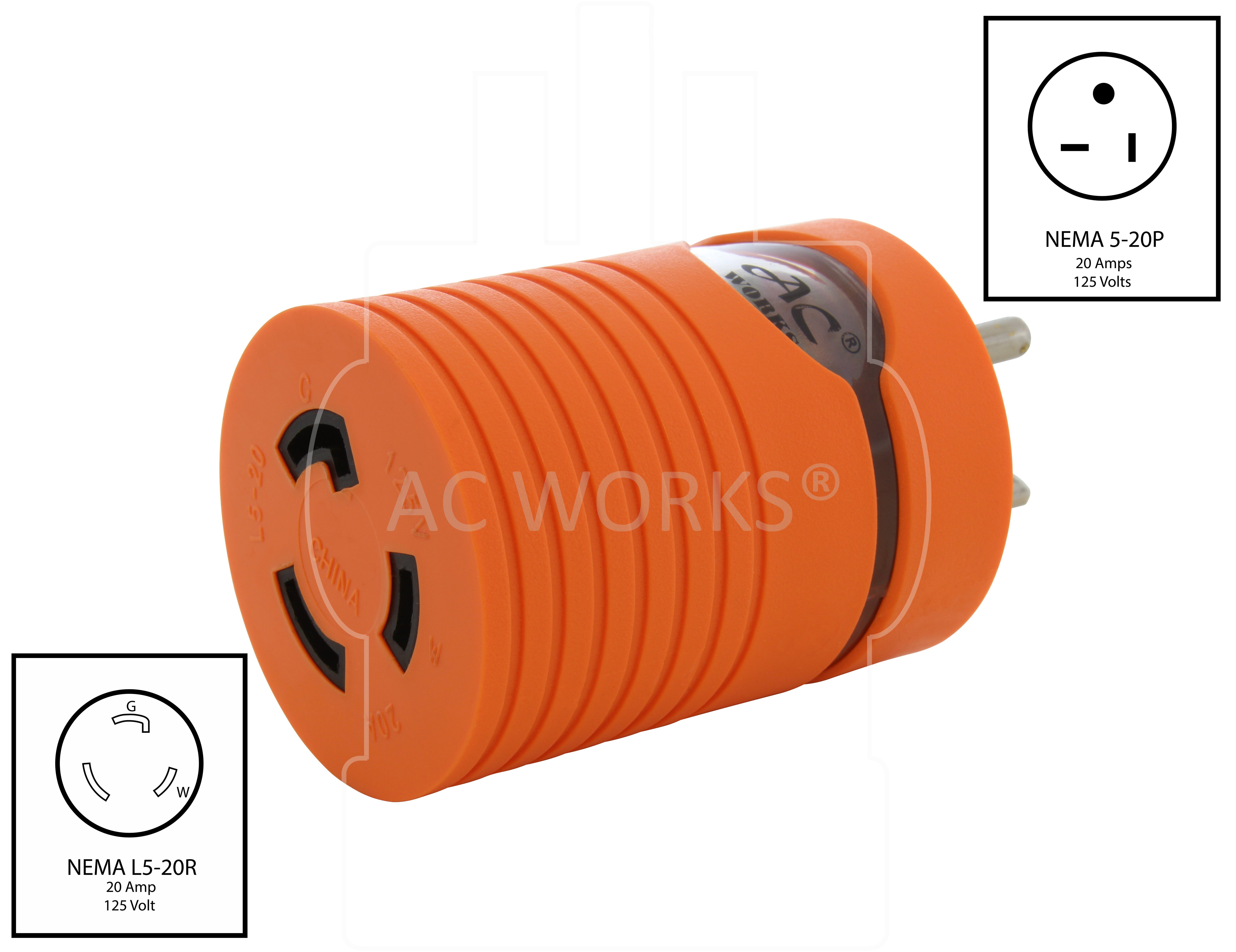 NEMA 5-20P to NEMA L5-20R 3-prong 20A adapter