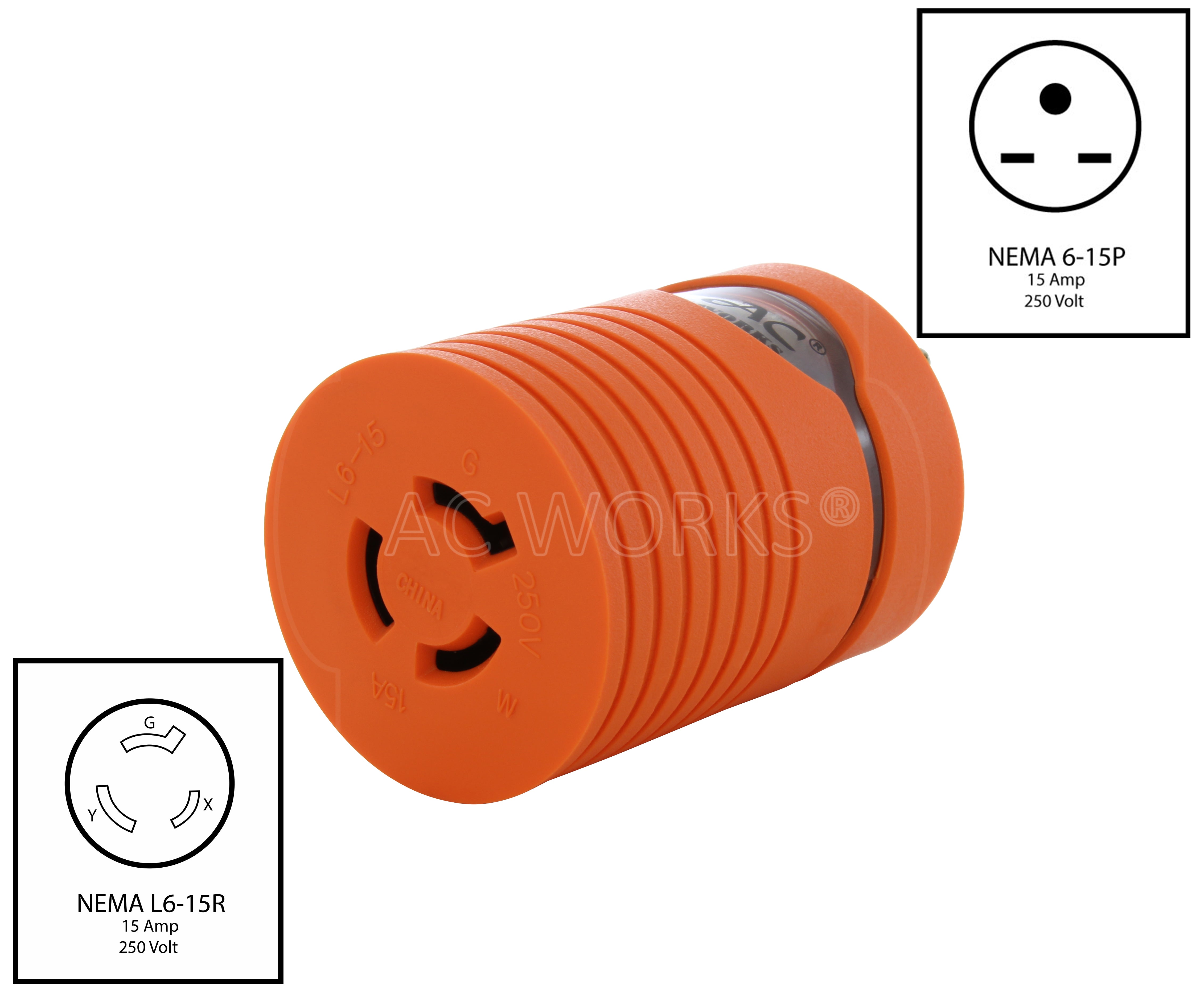 NEMA 6-15P to NEMA L6-15R, 615 Plug to L615 Connector, Straight Blade Plug to Locking Connector