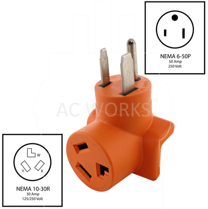 NEMA 6-50P to NEMA 10-30R, 650 male plug to 1030 female connector, 60 amp welder plug to 3-prong dryer connector