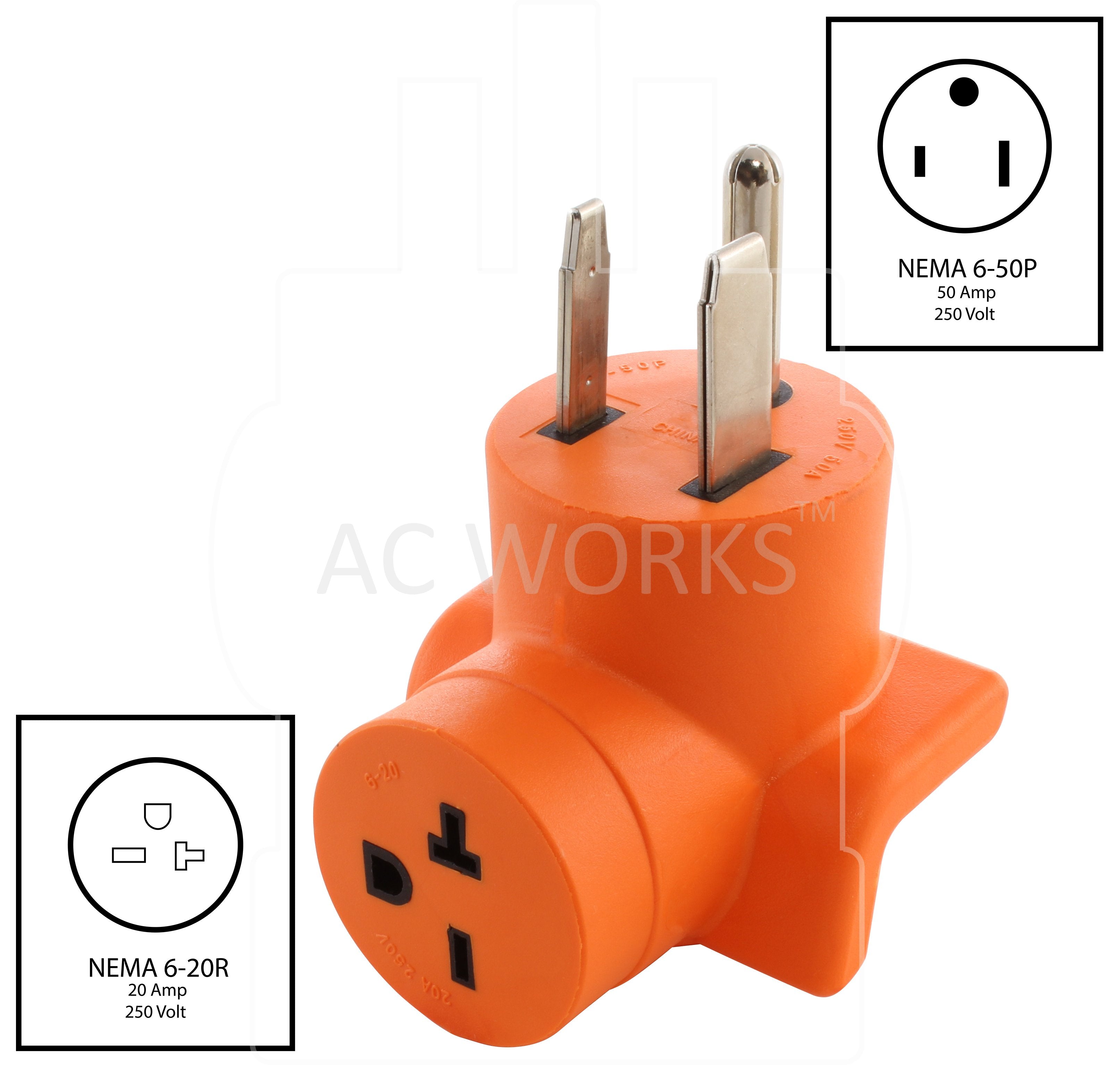 NEMA 6-50P to NEMA 6-20R, 650 plug to 620 connector, welder plug to power tool connector