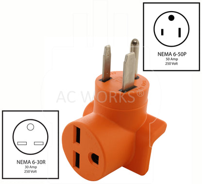 NEMA 6-50P to NEMA 6-30R, 650P to 630R, 650 male plug to 630 female connector, 50 amp welder plug to 30 amp AC connector