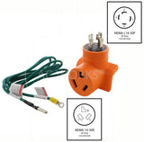 NEMA L14-30P to NEMA 10-30R, L1430 male plug to 1030 female connector, 4-prong generator plug to 3-prong dryer, 30 amp locking plug to old style dryer connector