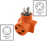 NEMA L14-30P to NEMA 14-30R, L1430 male plug to 1430 female connector, 4-prong 30 amp locking plug to 4-prong dryer connector