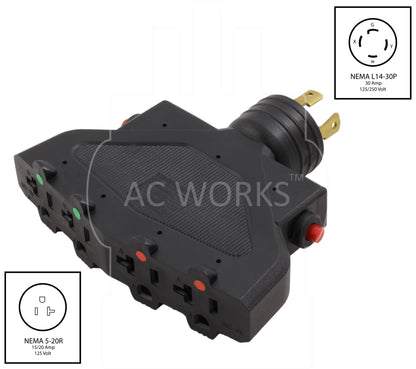 NEMA L14-30P to 4 NEMA 5-20R, L1430 plug to 4 household t-blade outlets, power distributor with circuit breakers