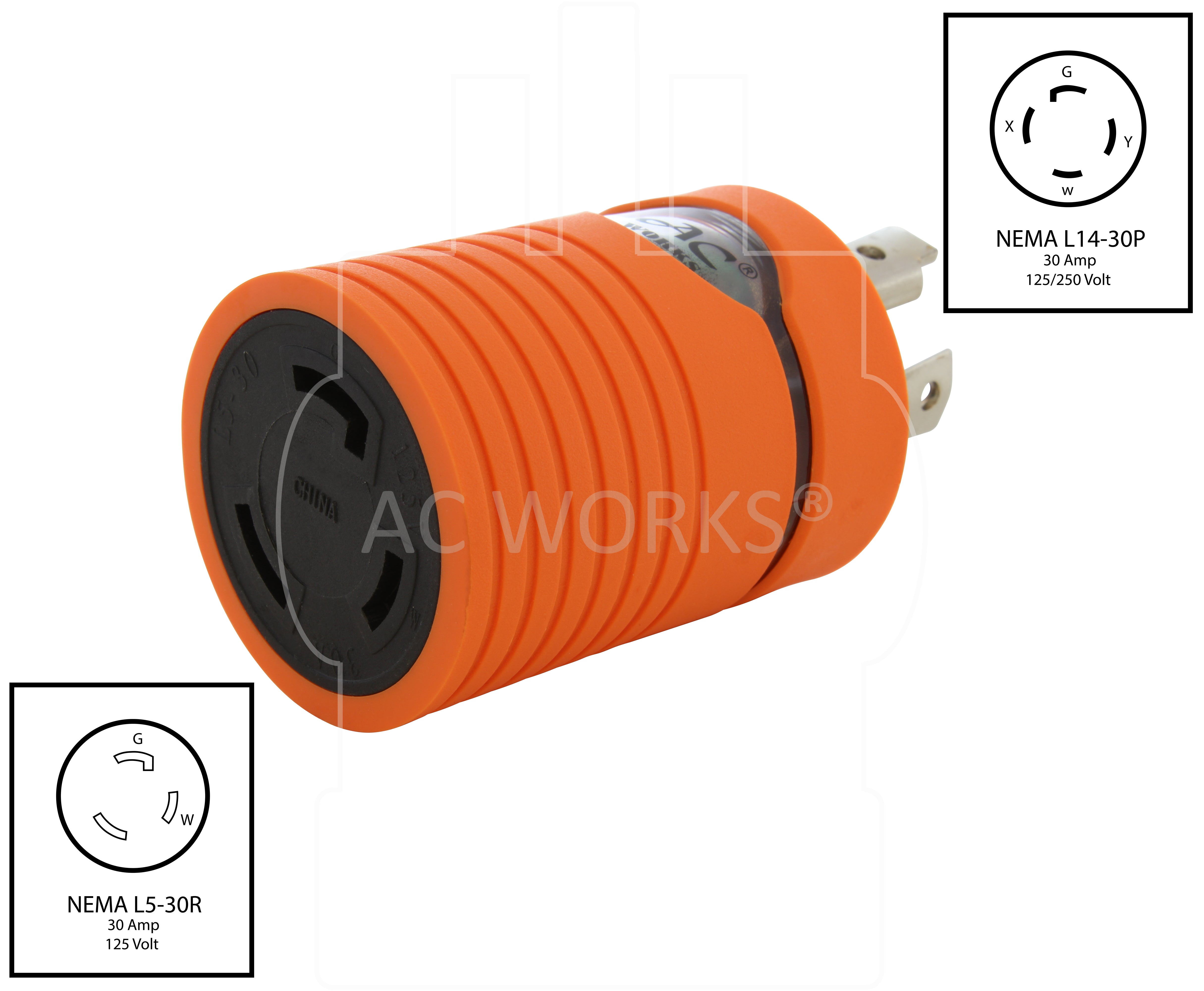 NEMA L14-30P to NEMA L5-30R barrel adapter