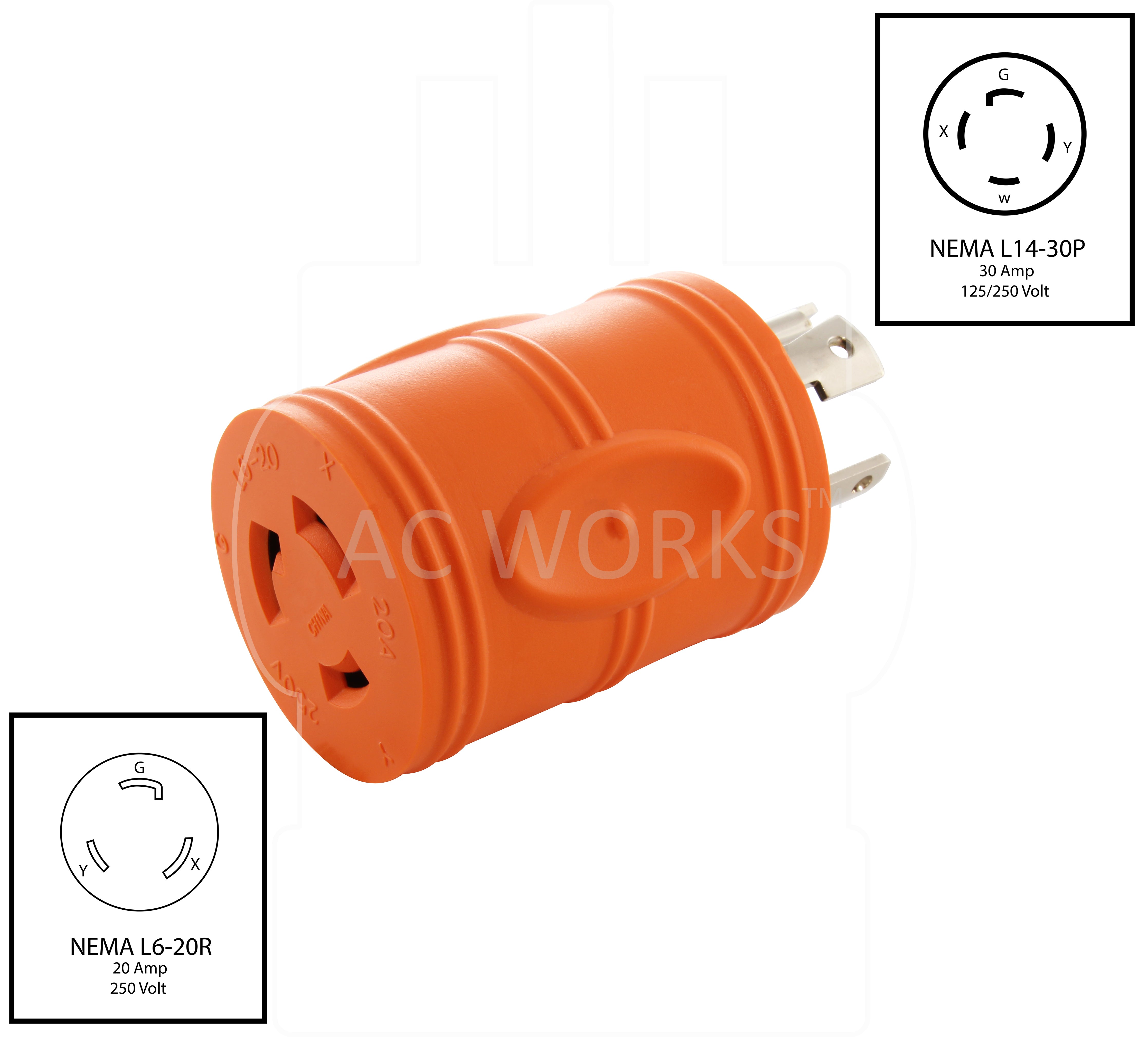 NEMA L14-30P to NEMA L6-20R 20A 250V locking adapter