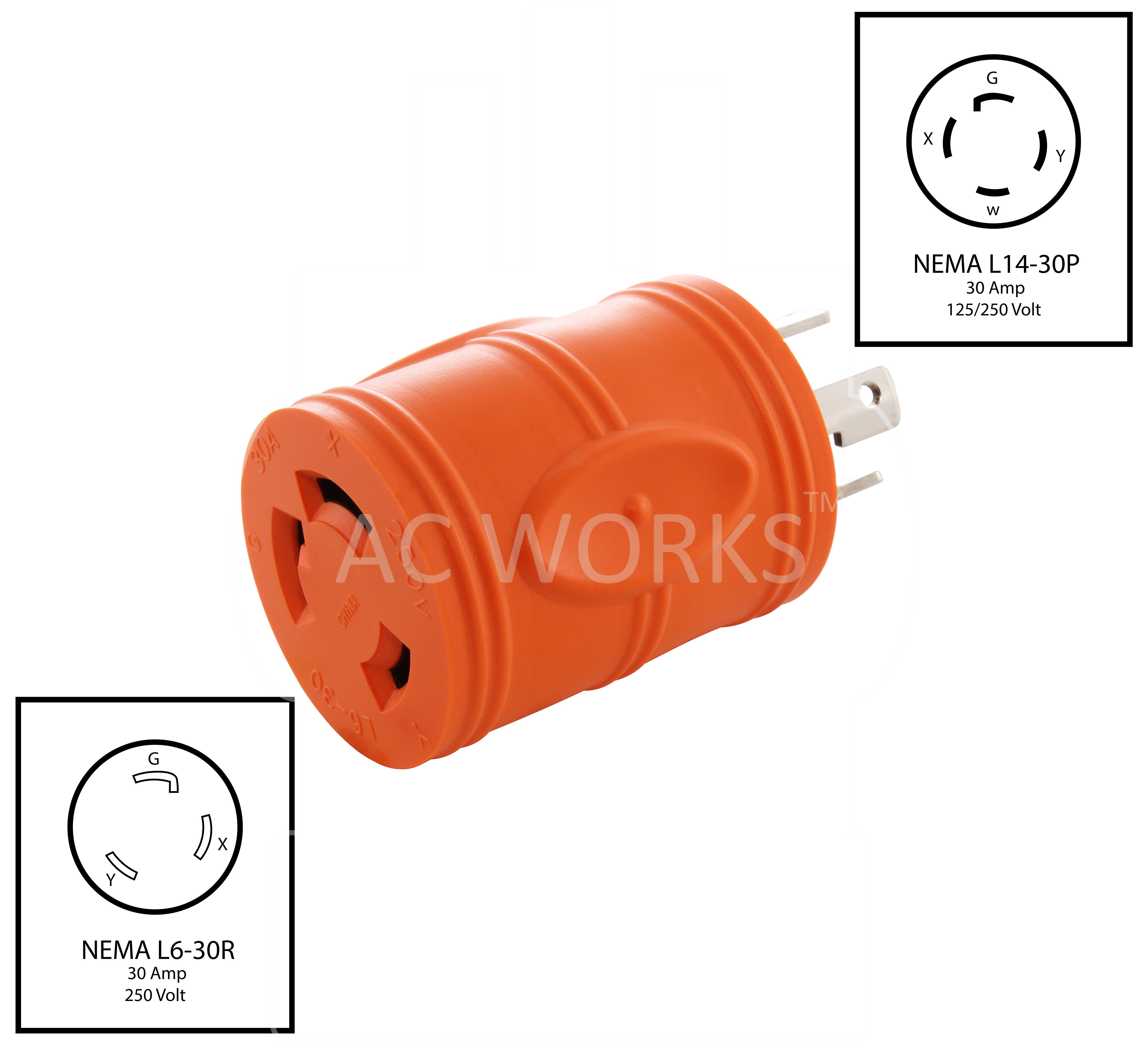 NEMA L14-30P to NEMA L6-30R 30A 250V compact adapter